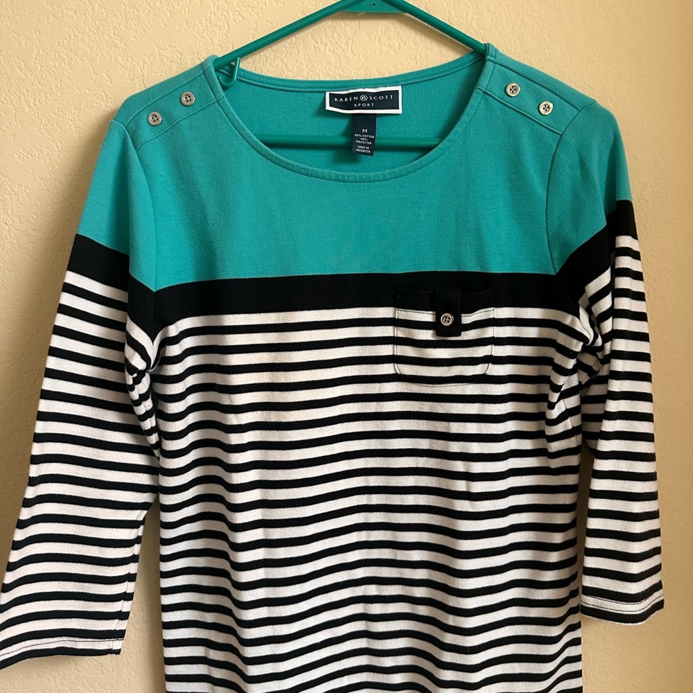 Karen Scott Sport Womens Size Medium Black White Striped 3/4 Sleeve Pullover Top